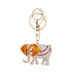 Thai style elephant keychain with rhinestones and orange enamel for car keys and bags