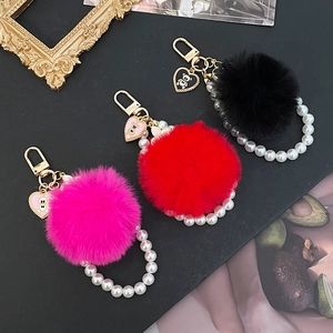 Porte-clés mignon avec pompon ours cœur et chaîne de perles dorée en trois couleurs