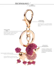 Détails du porte-clés caniche poli en alliage avec strass violets et roses brillants