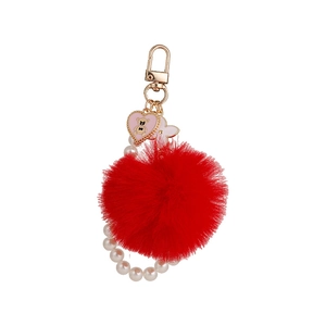 Porte-clés mignon pompon rouge en fausse fourrure avec perles et pendentif ours