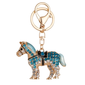 Pendentif porte-clés cheval exquis en alliage doré orné de strass bleus brillants
