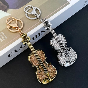 Creative Violin Shape Rhinestone Metal Keychain Antique Gold Silver Musical Instrument Bag Charm Pendant Gift For Women Men