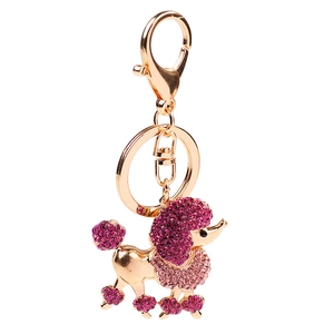 Porte-clés caniche en strass rose brillant avec crochets et anneau en métal doré