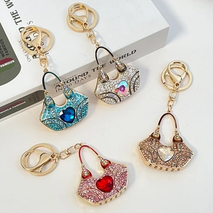Fashion Rhinestone Crystal Handbag Keychain Heart Shaped Alloy Bag Charm Pendant Key Ring For Women Jewelry Gift Accessory