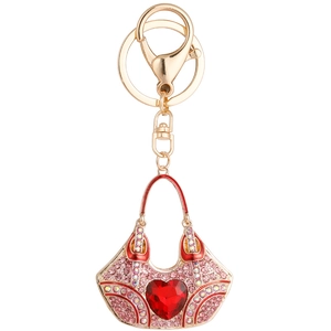 Sparkling pink handbag keychain with red heart crystal and golden alloy hardware