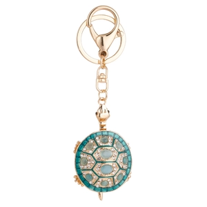 Porte-clés tortue créatif en métal doré orné de strass et d'émail turquoise