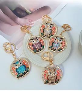 Gros plan de cinq porte-clés chouette colorés avec strass et placage doré brillant