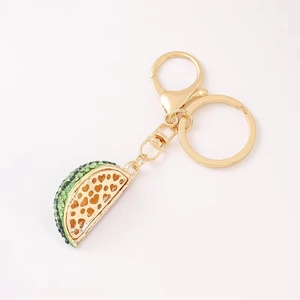 Creative watermelon taco shaped alloy keychain with sparkling green rhinestones on gold finish