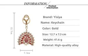 Detailed size specifications for the gold-plated peacock keychain with pink crystals