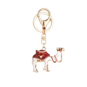 Golden camel keychain with red enamel and rhinestones for car keys or bag charm