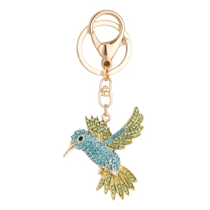 Kreativer Kolibri-Schlüsselanhänger mit blauen und grünen Strasssteinen auf Goldlegierung