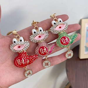 Chinese Style Lucky Zodiac Snake Keychain Rhinestone Metal Inlaid Bag Charm Fortune Pendant Gift For Women Key Ring