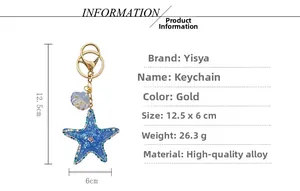 Detail showing dimensions of blue starfish keychain with shell and sparkling crystals
