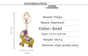 Detailed size specifications for a golden Thai elephant keychain with yellow rhinestones