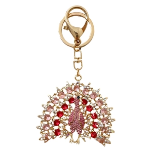 Golden peacock keychain with sparkling pink and red crystals and a sturdy lobster clasp