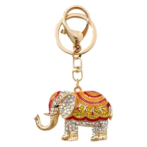 Sparkling crystal elephant keychain with gold alloy finish and colorful enamel floral patterns