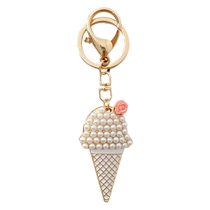 Porte-clés crème glacée en perles avec métal doré et charm de petite fleur rose