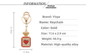 Detailed view of rhinestone perfume bottle keychain with red heart and size specs