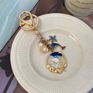 Ocean Theme Keychain With Dolphin Starfish Shell Artificial Pearl Pendant Gold Zinc Alloy Bag Charm For Women Gift
