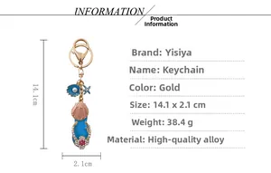 Detail showing golden alloy keychain with blue enamel flip-flop, shell and starfish charms