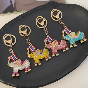 Thai Style Elephant Keychain Alloy Rhinestone Enamel Bag Charm Pendant Thailand Flag Ethnic Souvenir Gift Women Men