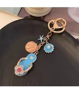 Detailed view of ocean-themed flip-flop keychain with rhinestones and sea shells