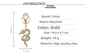 Détail du porte-clés serpent doré avec cristaux blancs, dimensions 14,9 x 5,7 cm et 59g