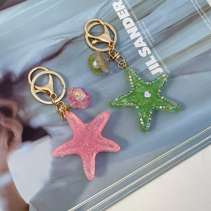 Exquisite starfish and shell keychains with colorful rhinestones and gold metal clasp