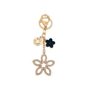 Lucky clover car keychain with crystal diamonds and black enamel flower charm