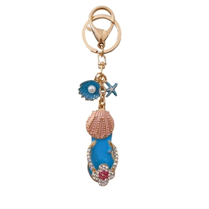 Sparkling blue rhinestone flip-flop keychain with sea shell and starfish charms