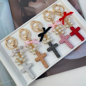 Exquisite Rhinestone Cross Keychain With Faux Artificial Pearl Bow Knot Satin Ribbon Bag Charm For Women Jewelry Gift