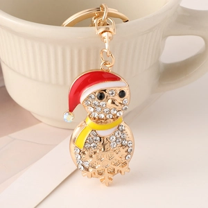 Christmas Snowman Keychain Gold Zinc Alloy Enameled Rhinestone Pendant For Women Festive Bag Charm Holiday Gift Accessories