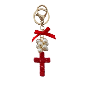 Exquisite rhinestone cross keychain with red bow and pearl cluster for bag charms