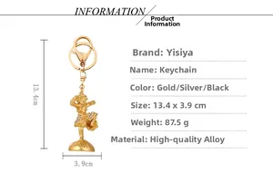 Detail view of Monkey King keychain with dimensions 13.4 x 3.9 cm and 87.5g weight info