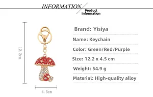 Detailed size chart and specifications for the mushroom rhinestone keychain pendant
