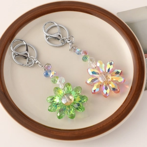 Crystal sunflower car keychain set in green and AB white with silver metal lobster clasp