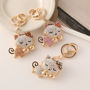 Cute Rhinestone Cat Keychain Sparkling Cartoon Zinc Alloy Kitten Bag Charm For Women Girls Inlaid Metal Key Ring Gift