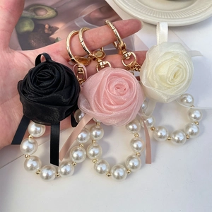 Elegant Rose Flower Artificial Pearl Keychain Satin Ribbon Bow Bag Pendant Hanging Ornament Jewelry Gift For Women