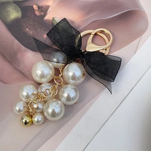 Grape cluster pearl keychain with black organza bow and golden lobster clasp