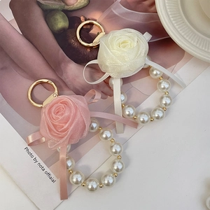 Exquisite pearl and chiffon rose flower keychain for handbags in pink and cream white