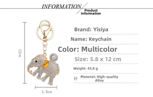 Detailed size chart of a crystal elephant keychain in gold alloy with shiny rhinestones