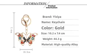 Detail showing colorful butterfly keychain dimensions of 10.2cm by 7.4cm in gold alloy