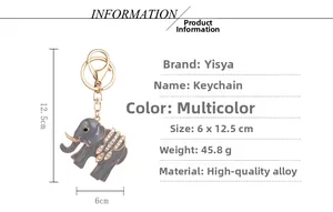 Detailed size chart for gray enamel elephant keychain with white rhinestone accents