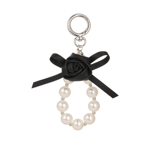 Elegant PU rose keychain with pearl bead ring and black ribbon bow bag charm
