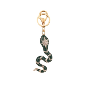 Green enamel snake keychain with sparkling star diamond detail on high-quality gold metal