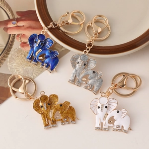 Exquisite Alloy Elephant Mother And Baby Keychain With Rhinestone Enamel Glitter Metal Animal Bag Charm Pendant For Gift Women