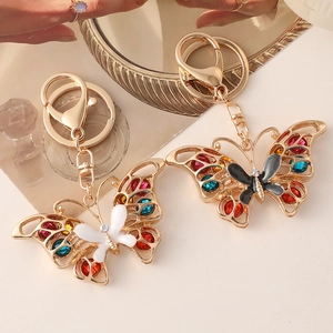 Rhinestone Butterfly Keychain Gold Plated Hollow Zinc Alloy Keyring For Women Bag Charm Colorful Crystal Pendant Gift