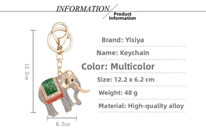 Detailed size chart of a colorful alloy elephant keychain with sparkling crystals and enamel