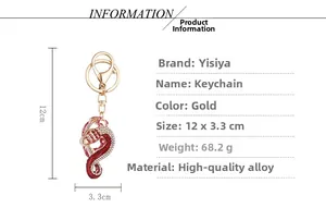 Détails du porte-clés cobra avec dimensions 12x3.3cm et poids 68.2g en alliage doré brillant