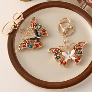 Elegant butterfly keychain with colorful rhinestones and gold-plated alloy finish